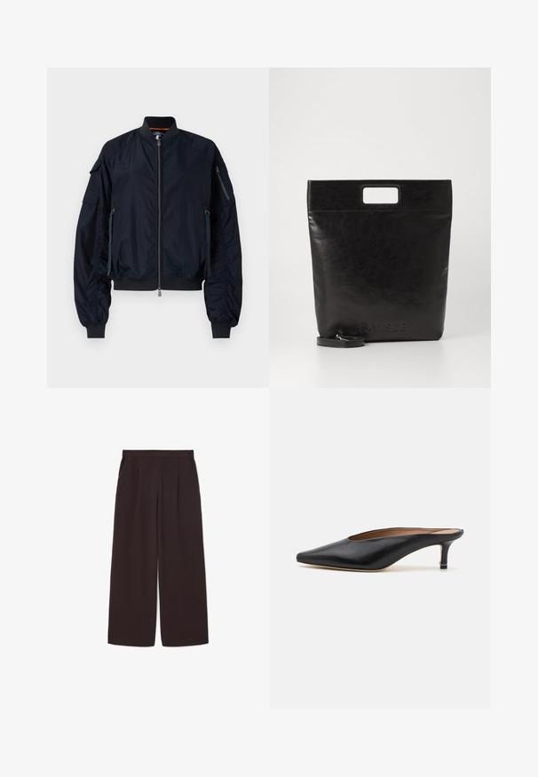Navy bomber jacket with a front zipper, ribbed cuffs, and hem. Features multiple zippered pockets and gathered details on sleeves. Smooth texture.; White long-sleeve collared shirt made of cotton. Features a button-down front and a single chest pocket. Smooth texture, relaxed fit.; Dark brown wide-leg pants made of lightweight fabric, featuring a high waist, pleats, and two side pockets, with an elastic waistband.; Black leather mules with a pointed toe and low, block heel. Smooth texture with a sleek design. Open back with minimal detailing.; Black leather tote bag with a square handle, featuring a textured finish and embossed logo. Includes a detachable strap.