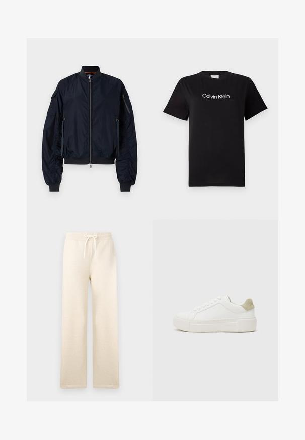 Marineblaue Bomberjacke mit einem Frontreißverschluss, gerippten Bündchen und Saum. Verfügt über mehrere Reißverschlusstaschen und geraffte Details an den Ärmeln. Glatte Textur.; Schwarzes Baumwoll-T-Shirt mit kurzen Ärmeln, mit einem weißen Logo "Calvin Klein", das quer über die Brust gedruckt ist. Klassisches Rundhalsausschnitt-Design.; Cremefarbene Jogginghosen aus weichem Material, mit einem elastischen Bund und einem Kordelzug, weitem Bein und ohne sichtbare Muster.; Weißer Sneaker mit einem Obermaterial aus glattem Leder, hellgrauem Wildlederbesatz an der Ferse und einer klobigen weißen Gummisohle. Mit Schnürdesign.