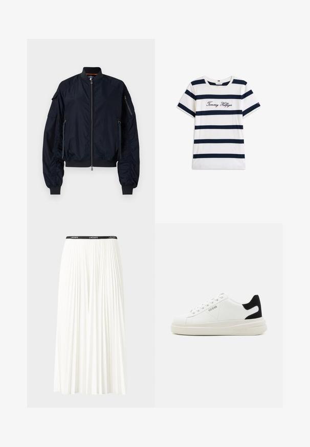 Chaqueta bomber azul marino con cremallera frontal, puños y dobladillo acanalados. Cuenta con múltiples bolsillos con cremallera y detalles fruncidos en las mangas. Textura suave.; Camiseta de algodón con rayas horizontales azul marino sobre un fondo blanco. "Tommy Hilfiger" bordado en cursiva en el pecho. Escote de tipo crew.; Falda blanca plisada con una cinturilla elástica negra que presenta el logotipo "LACOSTE". Diseño de longitud media con textura suave.; Zapatillas blancas de cuero con una suela blanca gruesa, acento en el talón de ante negro y logo grabado en el lateral. Diseño de cordones con seis ojales.