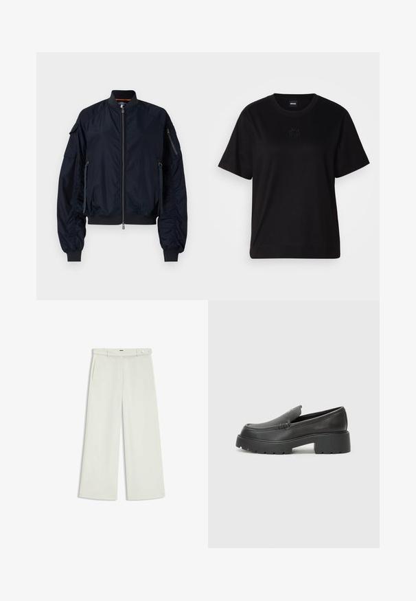 Veste de pilote navy avec fermeture éclair à l'avant, poignets et ourlet côtelés. Présente plusieurs poches zippées et des détails froncés sur les manches. Texture lisse.; T-shirt en coton noir avec un col rond, des manches courtes et un logo brodé sur la poitrine. Coupe simple et décontractée sans motifs.; Pantalons à jambes larges en tissu crème clair, dotés de poches latérales, d'un devant plat et d'une fermeture à un bouton à la taille. Texture lisse.; Mocassins en cuir noir avec un bout arrondi, une semelle épaisse et texturée, et des détails de couture minimalistes. Design épuré sans lacets ni métal visibles.