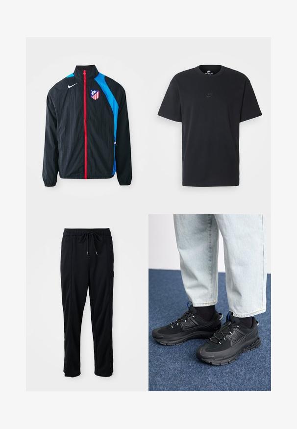 Casaco tipo windbreaker preto com detalhes azuis, fecho vermelho e o logótipo do Atlético de Madrid. Material leve, punhos elásticos e bainha.; T-shirt de algodão preto da Nike com um clássico decote redondo, mangas curtas e um logótipo em relevo discreto no peito. Textura suave.; Calças casuais pretas com cordão na cintura, com bolsos laterais e corte reto, sobre um fundo simples.; Sapatilhas desportivas pretas com tecido texturizado e solas em borracha, apresentando atacadores elásticos e um detalhe azul no calcanhar. Usadas com calças de ganga claras.