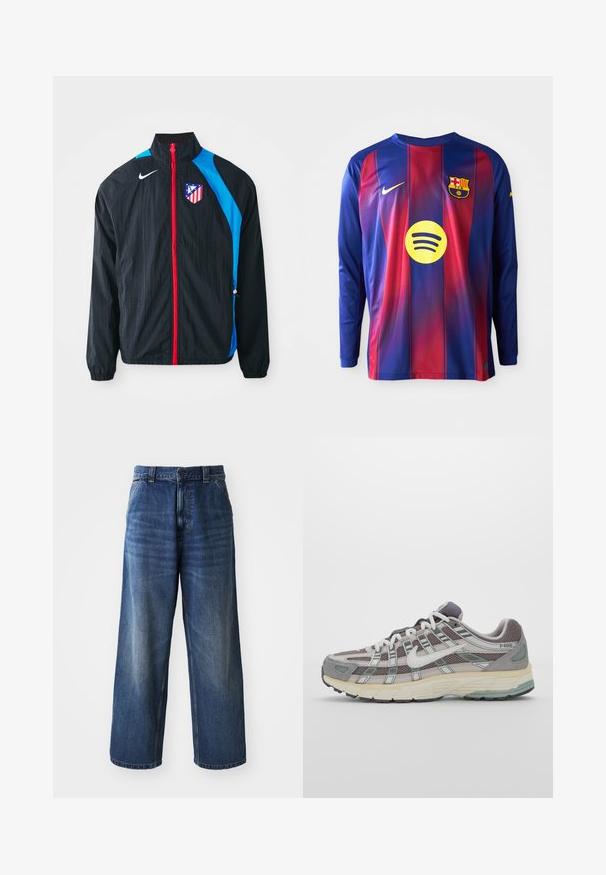Black windbreaker jacket with blue accents, red zipper, and Atlético Madrid logo. Lightweight material, elastic cuffs, and hem.; Long-sleeve football jersey featuring blue and red vertical stripes, Nike logo, Barcelona crest, and a circular Spotify logo in the center.; High-waisted blue denim jeans with a wide-leg design, featuring subtle fading, front pockets, and a button closure at the waist.; Gray athletic shoe featuring a mesh and suede upper, white accents, a cushioned sole, and a distinctive design with reflective elements.