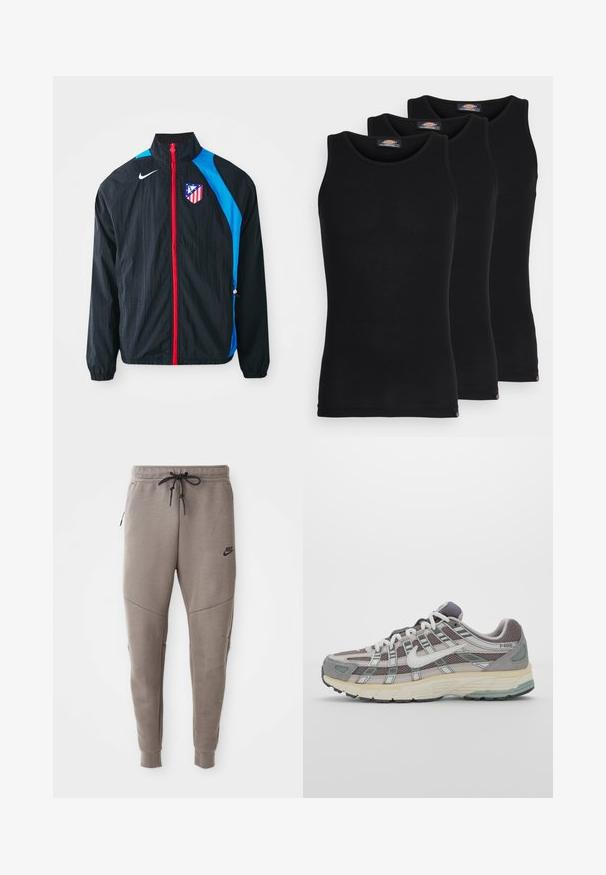 Zwarte windbreaker jas met blauwe accenten, rode rits en Atlético Madrid-logo. Lichtgewicht materiaal, elastische manchetten en zoom.; Zwarte tanktops in een verpakking van drie. Ribbelstructuur, standaard ronde halslijn, zonder mouwen. De zoom is voorzien van een klein merkembleem aan de onderkant.; Grijze Nike-sweatpants met een verstelbare tailleband, taps toelopende benen, zijzakken en opvallende naaddetails. Zachte, gestructureerde stof.; Grijze sportieve schoen met een bovenwerk van mesh en suede, witte accenten, een gevoerde zool en een onderscheidend ontwerp met reflecterende elementen.