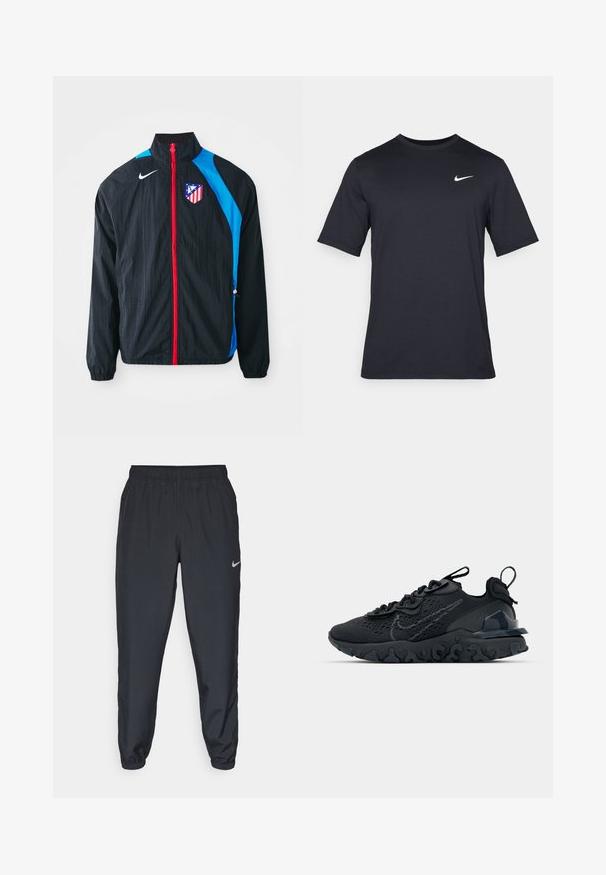 Musta tuulitakki sinisin yksityiskohdin, punaisella vetoketjulla ja Atlético Madridin logolla. Kevyt materiaali, elastiset hihansuut ja helma.; Mustan lyhythihainen Nike-t-paita, joka on valmistettu sileästä kankaasta ja jossa on valkoinen swoosh-logo vasemmassa yläkulmassa, pyöreä kaula-aukko.; Mustat juoksuhousut, jotka on valmistettu kevyestä kankaasta, jossa on joustava vyötärö, nilkkasuut ja huomaamaton Nike-logo vasemmalla puolella.; Mustat urheilukengät, joissa on hengittävä verkkomateriaali, kuvioidut yksityiskohdat ja aallokkomuotoinen kumipohja. Varustettu heijastavalla logolla ja nauhajalustalla.