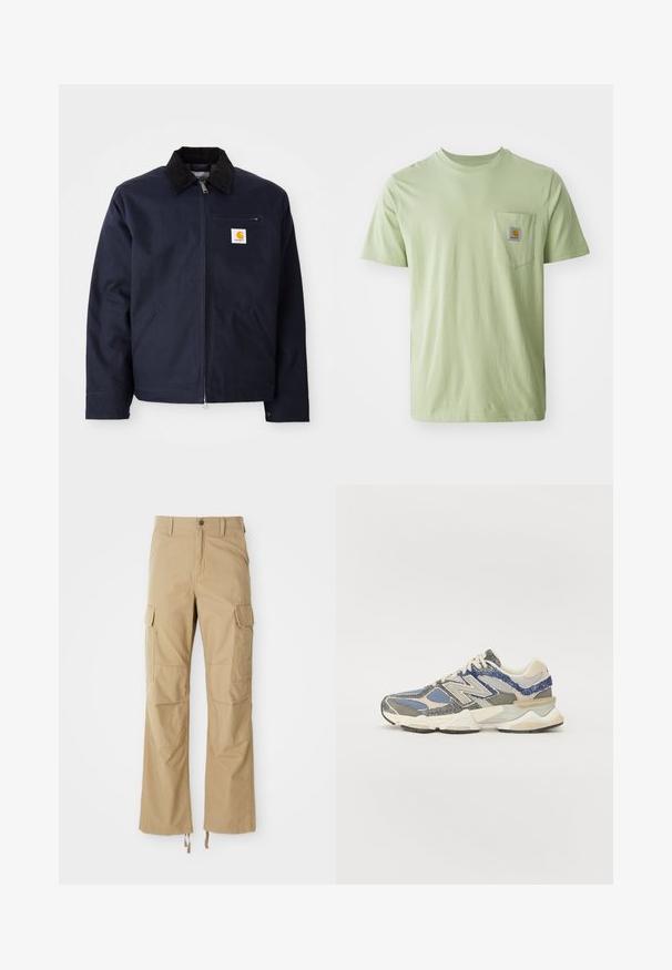 Navy blue jacket made of canvas with a black corduroy collar, zip closure, front pocket, and logo patch on left chest.; Light green short-sleeve t-shirt made of soft fabric, featuring a chest pocket with a square logo patch. Simple, unadorned design.; Khaki cargo pants made of durable fabric, featuring multiple side pockets, a straight leg design, and adjustable drawstrings at the hem.; Gray and blue sneaker with a textured upper, featuring mesh and synthetic materials, a chunky sole, and a white and beige accent.