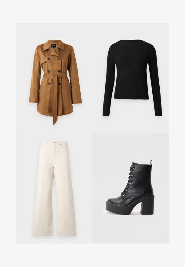 Brun, ruskinds trenchcoat med dobbeltknaplukning, udskåret krave, bæltestrop i taljen og sidelommer. Blød tekstur, lange ærmer.; Sort ribbet langærmet tætsiddende sweater med rund halsudskæring, præsenteret på en ensfarvet lys baggrund.; Beige brede bukser lavet af bomuld, med en frontlås med knap, sidelommer og en glat tekstur. Minimalistisk design uden mønstre.; Sort læder ankelstøvle med en kraftig blokhæl, snørebånd foran og struktureret overflade. Har en flap på bagsiden for nem påtagning.