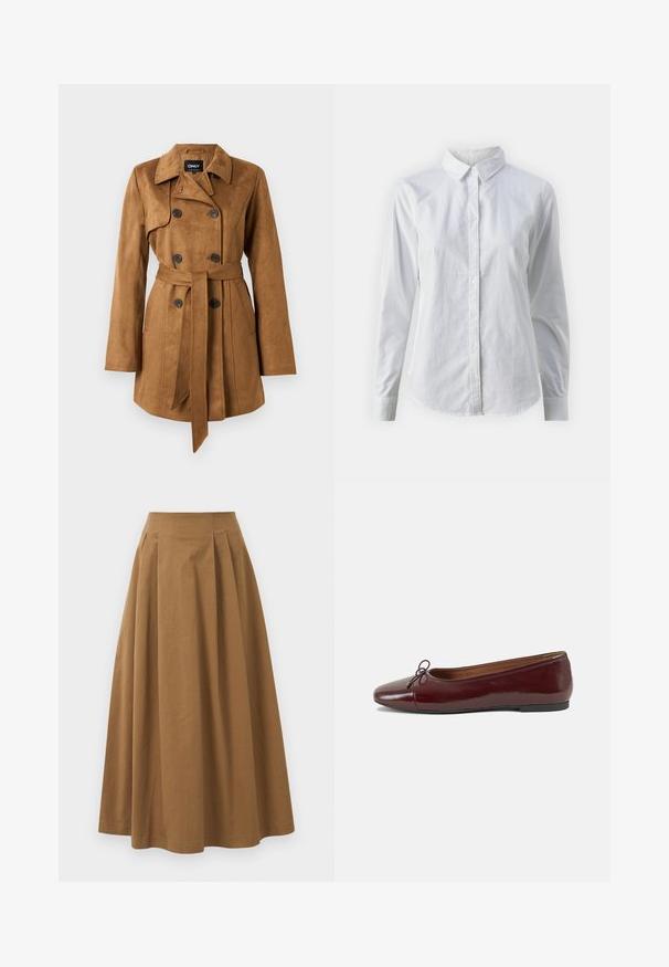 Cappotto trench in suede marrone con bottoni doppi, colletto a punte, vita cintata e tasche laterali. Texture morbida, maniche lunghe.; Camicia bianca con bottoni, realizzata in cotone liscio, dotata di un colletto classico, maniche lunghe e orlo curvo. I bottoni sono piccoli e bianchi.; Gonna A-line in cotone marrone con vita alta, caratterizzata da pince sulla parte anteriore e una texture liscia. Le finiture dell'orlo sono pulite e semplici.; Ballerine in pelle verniciata bordeaux con punta arrotondata, piccolo fiocco decorativo sulla parte anteriore e suola bassa in gomma nera. Texture liscia.