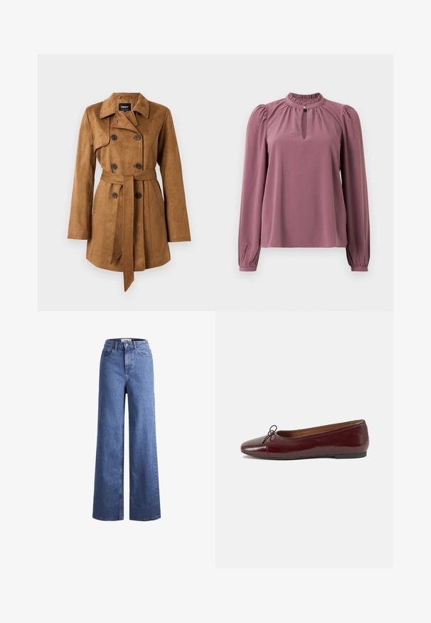 Pruun, sametiste kangast trench coat topelt nööpidega, krae ja vöökoht, millel on küljetaskud. Pehme tekstuur, pikad varrukad.; Pika-sleeve lillebluu, millel on kogutud krae, võtmeaugu dekoltee nööpide kinnitusega ja veidi puhvne õlavarred.; Heled sinise denimist laiad jalad, kõrgema talje ja kahe eesmise taskuga, nähtavate õmblustega. Omab nuppu ja luku sulgemist.; Burgundi patendnahk kingad balletitüüpi, ümmarguse ninaosa, ees väike paelaaktsent ja madal must kummist tald. Sile tekstuur.