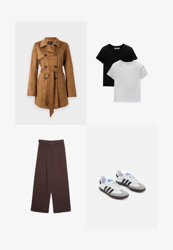 Brun, ruskinds trenchcoat med dobbeltknaplukning, udskåret krave, bæltestrop i taljen og sidelommer. Blød tekstur, lange ærmer.; To crew-neck t-shirts i sort og hvid, lavet af bomuld. De har korte ærmer og et ensfarvet design uden mønstre eller accenter.; Stradivarius WIDE-LEG WITH BUCKLE DETAIL - Bukser - dark brown; Sportsko med en overdel i hvid læder, grå ruskind på tåen og tre sorte striber. Har et blåt logo på tungen og en struktureret gummisål.