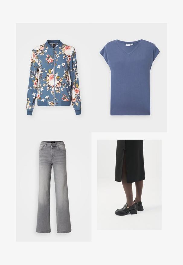 Cvečni bomber jopič v modrem materialu z belimi, roza in zelenimi cvetovi. Ima zadrgo spredaj ter rebraste manšete in rob. Mehak tekstura.; T-maica s kratkimi rokavi in V-izrezom v nevsiljivi modri barvi, izdelana iz mehkega bombažnega materiala z gladko teksturo in sproščenim krojem.; Visoko pasu naravnost krojene sivo denim hlače z gumbom in zadrgo spredaj, sprednjimi in zadnjimi žepe ter zbledelim odtenkom na stegen in tele. ; Črne usnjene čevlje s zaobljenim prstom, debelim blokastim petama in elastičnimi stranskimi detajli, v kombinaciji s temno nogavicami in črno krilo z razporkom.