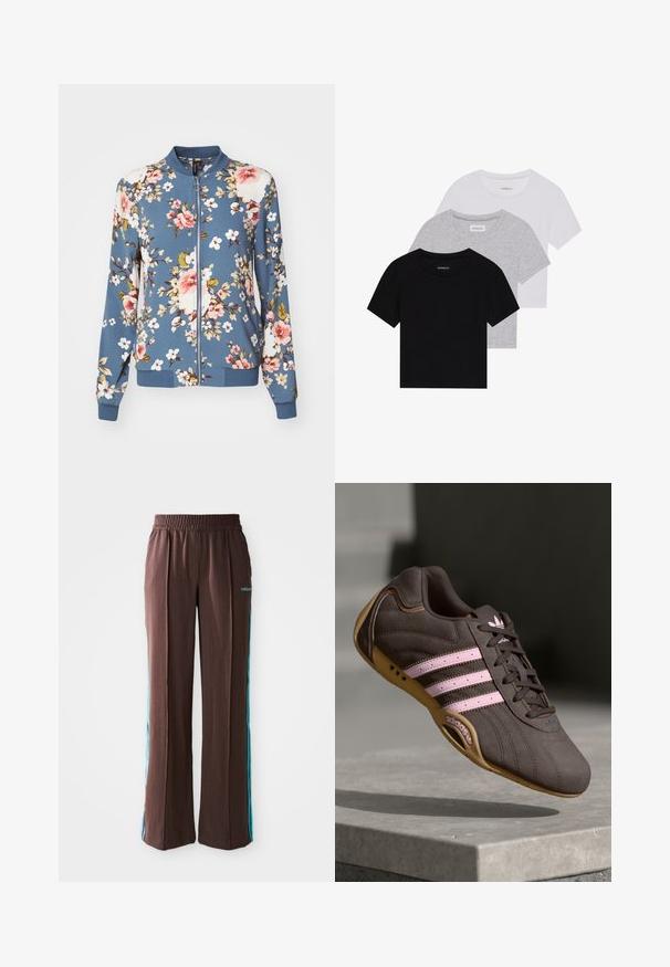 Kvetinová bomber bunda v modrom materiáli s bielymi, ružovými a zelenými kvetmi. Má zips vpredu a elastické manžety a lem. Mäkká textura.; Sada troch tričiek s krátkym rukávom v čiernej, šedej a bielej farbe. Vyrobené z bavlny, s okrúhlym výstrihom a jednoduchým, jednofarebným dizajnom.; Hnedé športové nohavice s rebrovou textúrou, elastickým pásom a tyrkysovými bočnými pruhmi. Na prednej strane sa nachádza logo adidas.; Hnedé semišové športové topánky s ružovými pruhmi a logom, s textúrovaným vrchom, šnurovaním a gumovou podrážkou.