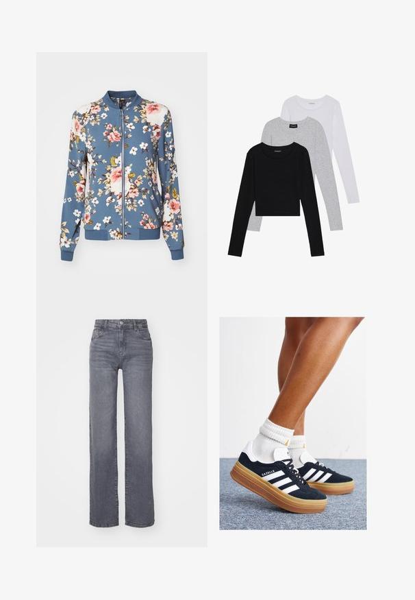 Ziedu bomber jaka izgatavota no zilā auduma ar baltām, rozā un zaļām ziedu uzdrukām. Tam ir rāvējslēdzēja priekšpuse un ribinātas aproces un apakšmala. Mīksts materiāls.; Trīs garām piedurknēm veidotas augšdaļas, sakrautās: melna, pelēka un balta. Katram ir noapaļots kakla izgriezums un īsa dizaina forma ar gludu, vieglu audumu.; Pelēki plati bikses no denima ar gludu tekstūru, ar pogu un rāvējslēdzēju, kā arī piecām kabatām.; Melnas zamšādas sporta kurpes ar baltām svītrām un akcentiem, apaļa purngala daļa, gumijas zole, kopā ar baltām ribotām sporta zeķēm.