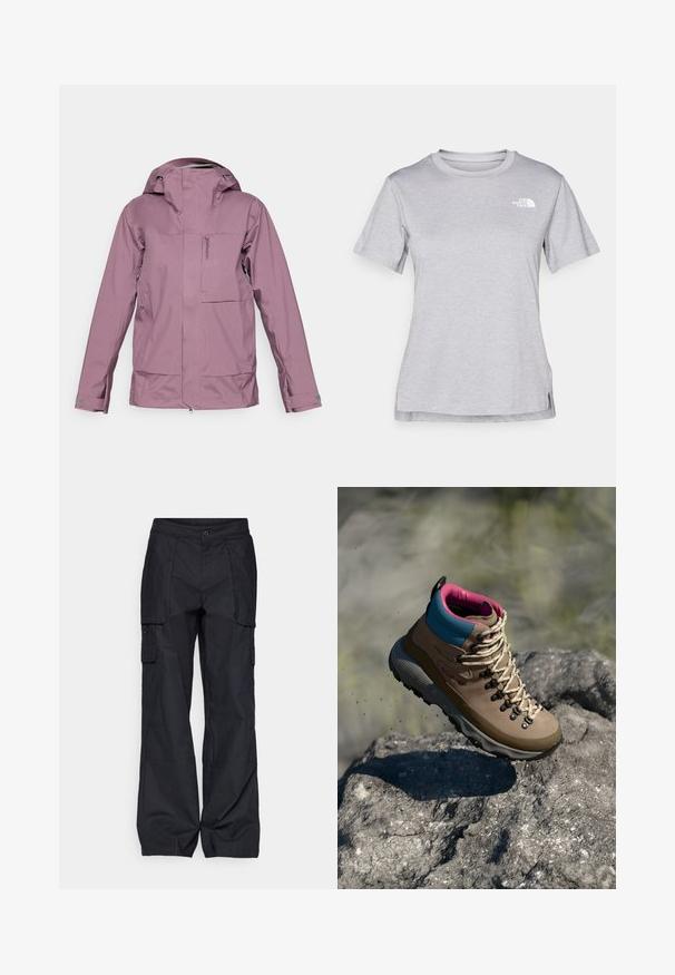 Paarse waterdichte jas met een ritssluiting aan de voorkant, verstelbare capuchon en meerdere zakken. Gladde textuur, aansluitend ontwerp en ergonomische mouwen.; Grijze T-shirt met korte mouwen, gemaakt van zachte, vochtabsorberende stof. Heeft een ronde hals en een klein wit logo op de bovenste linkerzijde.; Columbia BREA FALLS™ COTTON RIPSTOP PANT - Outdoorbroeken - black; Bruine wandelschoen met blauwe en roze accenten, voorzien van een gestructureerde bovenkant, grijze rubberen zool en een opvallend vetersysteem.