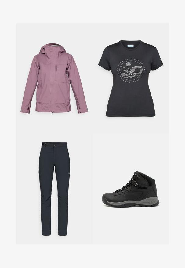 Lilla veekindel jakk, millel on tõmblukuga esiosa, reguleeritav kapuuts ja mitmed taskud. Sile tekstuur, istuv disain ja ergonoomilised varrukad.; Musternine Columbia T-särk mustas värvuses, millel on valge ümmargune mägi ja jõe joonistus ning tekst "Columbia Sportswear Company Outside Since 1938."; Meeste välkpüksid, tumehallid, valmistatud paindlikest materjalidest, vöökohaga, tõmblukuga taskud ja tugevdatud õmblused.; Mustarjaline matkasaabas, millel on keskmine disain, tekstuuriga ülemine osa, hallid aktsendid ja vastupidav kummist põhi, millel on haardelugesid.