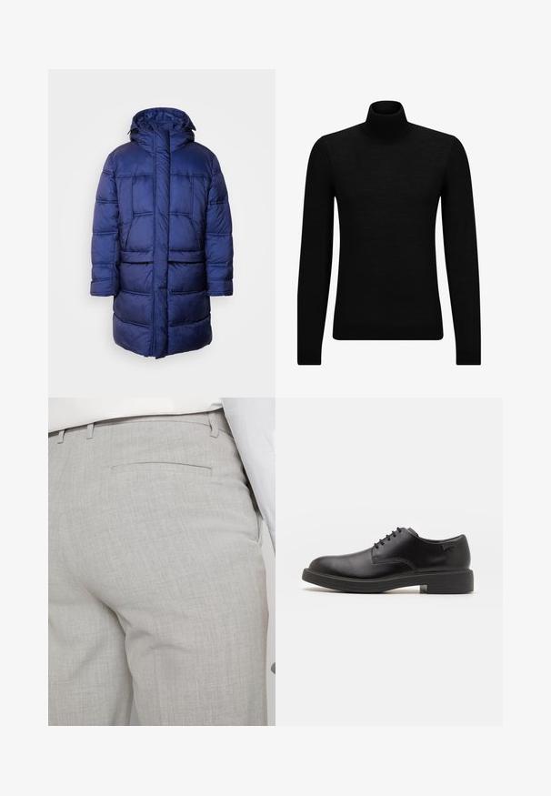 Ilgas tamsiai mėlynas pūkinis paltas su kapišonu, su siuvinėjimo raštu, priekinėmis kišenėmis ir pilnu užtrauktuku. Pagamintas iš sintetinio audinio.; Juodas aukšto kaklo megztinis, pagamintas iš minkštos medžiagos, su ilgomis rankovėmis ir prigludusia forma. Su raukiniais apačioje ir rankogaliuose. Paprastas dizainas.; Šviesiai pilkos spalvos pritaikytos kelnės iš faktūrinės medžiagos, turinčios vieną užpakalinę kišenę ir tvarkingus siūlus.; Juodas odinis batų modelis su raišteliais, apvaliu nosiu, lygiu paviršiumi, minimaliai siuvinėjimu ir žemu guminėmis pakulne. Ant pakulnės šalia logo.
