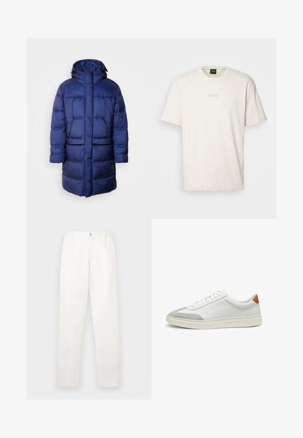Lång marinblå pufferjacka med huva, med ett kviltat mönster, framfickor och hel dragkedja. Tillverkad av syntetiskt material.; BOSS TEE - T-shirt - bas - open white; Vita byxor i ett mjukt tyg, med rak benform, framfickor och en enda knappstängning i midjan.; Vita lädersneakers med grå mockadetaljer och en tab i brunt läder på hälen. Har en strukturerad yta och en lätt sula.