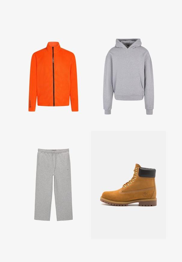 Orange fleecejakke med høj krave og fuld lynlås, med en sort lynlås og logoer på ærmerne, der viser en glat tekstur.; Grå bomulds-hoodie med en frontlomme, snoretræk i hætten og ribbede manchetter og kant. Har en blød, tekstureret overflade.; Grå bomulds-loungebukser med elastisk talje, snor og to sidelommer; lige ben-design, blød tekstur, uden mønstre.; Tan nubuck ankelstøvle med sort polstret krave, gyldne metaløjer, hvid syning detaljer og robust gummisål med udtalte slidbaner.