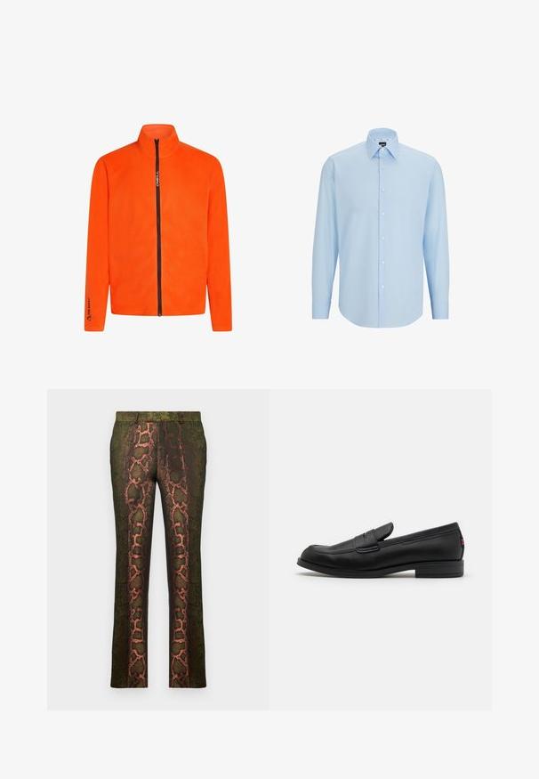 Orange fleece jacket with high collar and full zipper, featuring a black zipper and sleeve logos, showcasing a smooth texture.; Light blue long-sleeve dress shirt made of smooth fabric, featuring a button-down front, pointed collar, and regular fit.; Green patterned trousers featuring a snake print design with shades of brown and orange, straight cut, and a smooth texture.; Black leather loafers with a smooth finish, rounded toe, and a small decorative flap. Features a low stacked heel and subtle branding detail.