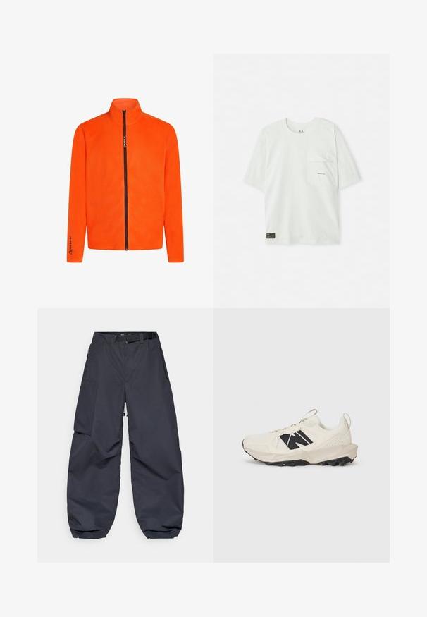 Giacca in fleece arancione con colletto alto e zip a tutta lunghezza, caratterizzata da una zip nera e loghi sulle maniche, che mostra una texture liscia.; T-shirt a maniche corte, di colore verde chiaro, realizzato in cotone. Caratterizzato da una tasca sul petto e un piccolo logo vicino alla tasca. Texture morbida, design informale.; Pantaloni cargo grigi scuri realizzati in un materiale morbido e resistente. Presentano una vestibilità ampia e comoda, numerose tasche e una cintura in vita per la regolazione.; Sneaker beige chiaro con tomaia in rete, logo nero e suola testurizzata. Accompagnato da un motivo geometrico sulla suola intermedia.