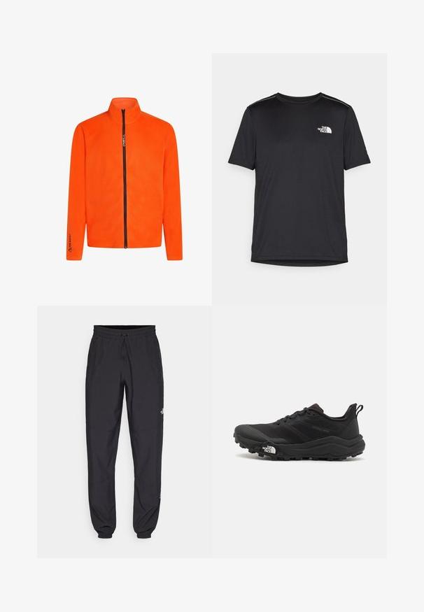 Giacca in fleece arancione con colletto alto e zip a tutta lunghezza, caratterizzata da una zip nera e loghi sulle maniche, che mostra una texture liscia.; T-shirt nero a maniche corte realizzata in tessuto leggero. Presenta un piccolo logo bianco sul lato sinistro del petto e delicati dettagli sulle spalle.; Pantaloni sportivi neri realizzati in tessuto leggero, con vita regolabile con cordino, tasche laterali e orli affusolati alle caviglie.; Scarpa da trail running nera con tomaia texture, suola in gomma e punta rinforzata. Presenta un collare imbottito e un tassello per un indossamento facile.