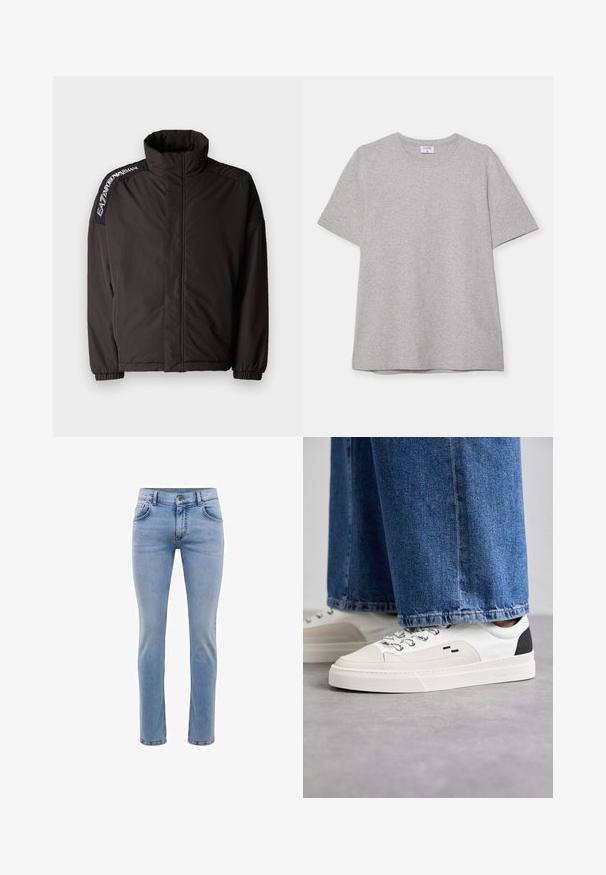 Svart polstret jakke med høy krage, elastiske mansjetter og logo-detalj på skulderen. Har en jevn, matt overflate og en avslappet passform.; Grå kortermet T-skjorte laget av myk, teksturert stoff. Har en klassisk rund hals og en rett kant, passende for uformell bruk.; Lyseblå denimjeans med slim fit, fem lommer og rett bendesign. Har glidelås og beltehemper. Myk tekstur.; Hvite og svarte joggesko med en glatt læroverdel, teksturerte detaljer og en kraftig hvit såle. Har en klassisk snøring.