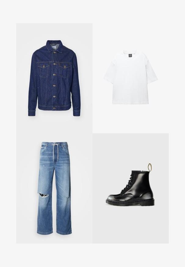 Donkerblauwe denimjas met een knoopsluiting aan de voorkant, twee borstzakken en contrasterende stiksels. Heeft een klassieke kraag en lange mouwen.; Witte t-shirt met korte mouwen van katoen, met een ronde hals en een relaxte fit met rechte zoom. Geen patronen of versieringen.; Lichtblauwe denim jeans met een losse fit, voorzien van een witte trekkoord in de taille en duidelijke scheuren aan de voorkant, met rafelige randen.; Zwarte leren enkellaarzen met een glanzende afwerking, acht veterogen, zwarte veters en een trekloop. Voorzien van een getextureerde, gedetailleerde zool.