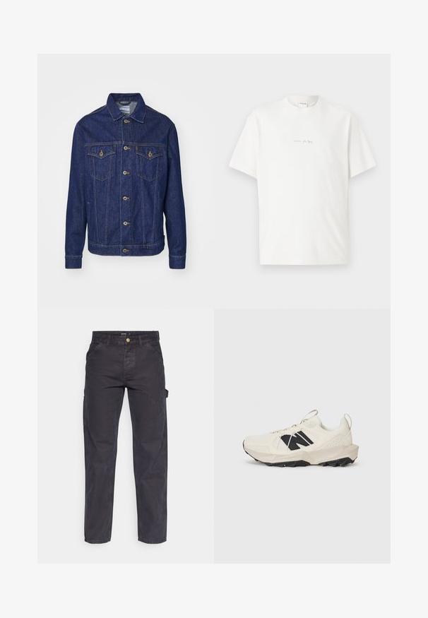 Denim jakna v temno modri barvi z zapenjanjem na gumb, dvema žepoma na prsih in kontrastnim šivom. Ima klasičen ovratnik in dolge rokave.; Bela bombažna majica s krojem, kratkimi rokavi in malim potiskanim logotipom spredaj. Gladka tekstura in sproščen kroj.; Temno sivi cargo hlače iz trpežnega materiala, z ravnim krojem nogavic, petimi žepi in gumbom za zapiranje v pasu.; Svetlo bež teniska z mrežasto zgornjo površino, črnim logotipom in teksturiranim podplatom. Okrašena z geometričnim vzorcem na srednjem podplatu.