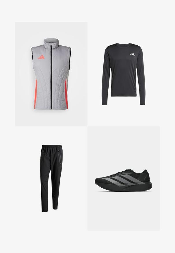 adidas Performance TIRO24 COMPETITION WINTERIZED - Waistcoat - light onix/shock red; Black long-sleeve athletic shirt made of smooth, lightweight fabric featuring a small white logo on the upper left. Simple and fitted design.; Black athletic pants with an elastic waistband, two zippered side pockets, tapered legs, and a subtle logo detail on the hip.; Black athletic shoes with a lightweight design, featuring three prominent gray stripes, a smooth texture, and a contoured sole.