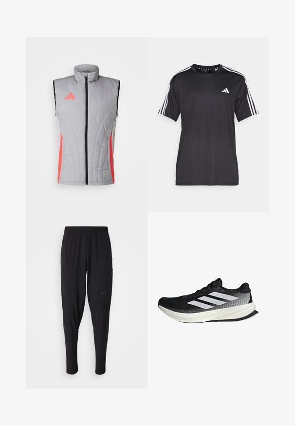 adidas Performance TIRO24 COMPETITION WINTERIZED  - Weste - light onix/shock red; Schwarzes T-Shirt mit kurzen Ärmeln und weißem Dreistrichdesign an den Schultern sowie Logo auf der Brust. Hergestellt aus atmungsaktivem Stoff, glatte Textur.; Schwarze Sporthosen mit elastischem Bund, tailliertem Design, Seitentaschen und dezenten Logo-Details. Hergestellt aus flexiblem, atmungsaktivem Material.; Schwarzer Sportschuh mit einem Mesh-Design, ausgestattet mit weißen Streifen, einer runden Zehenpartie und einer strukturierten Sohle für Grip und Unterstützung.