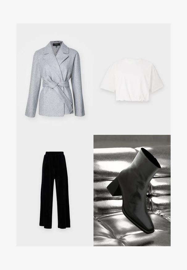 Szürke gyapjú keverék felöltő kabát hosszú ujjal, bemetszett hajtókával és megkötős derék övvel. Simább bélés és letisztult vonalak jellemzik.; Fehér, rövid puff ujjú, környakú, és ráncolt alsó szélű, rövid fazonú póló, puha pamut anyagból.; Fekete, széles szárú nadrág puha velúrból, rugalmas derékkal és sima textúrával, látható díszítés vagy mintázat nélkül.; Fekete bokacsizma fényes anyagból, négyzetes orral és szűkített sarkú, egy csillogó ezüst kárpitozott háttér előtt.
