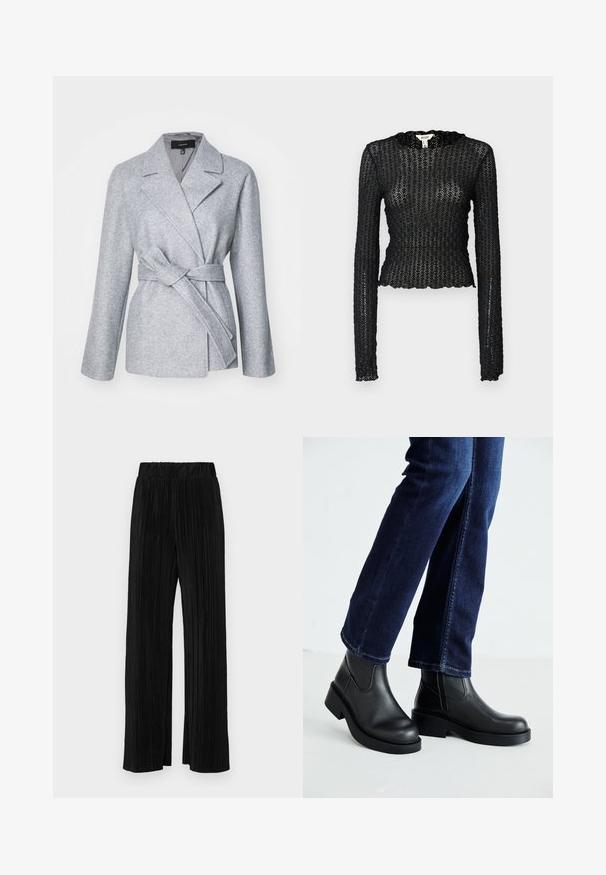 Pelēka vilnas maisījuma apmetņa jaka ar garām piedurknēm, iegrieztiem uz kakla, un saistītu jostas pogu. Tam ir gluda iekšējā odere un vienkāršas līnijas.; Melnas garām piedurknēm tops no teksturētas mežģīnes, ar ziedlapiņu kakla izgriezumu un pieguļošu dizainu ar īsu siluetu.; Melni plīšu bikses ar elastīgu jostu. Tām ir platākas kājas un gluda, teksturēta auduma ar vertikālām svītrām.; Melnas ādas potīšu zābaki ar masīvu zoli un sānu elastīgām daļām, kombinēti ar tumši ziliem džinsiem. Zeme ir gaišā krāsā.