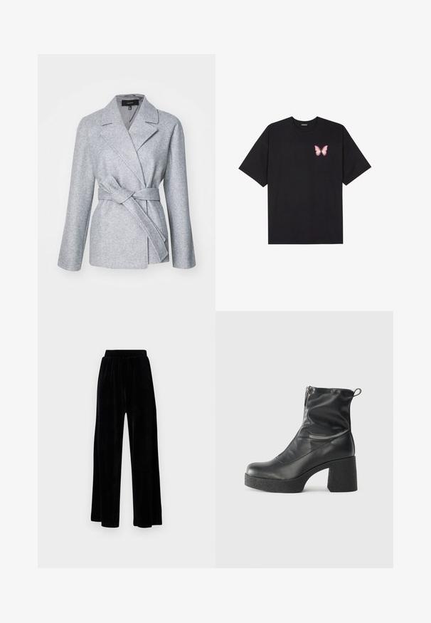 Casaco envolvente de mistura de lã cinza com mangas longas, lapelas em bico e um cinto amarrado na cintura. Apresenta um forro interior suave e linhas limpas.; T-shirt de algodão preto com mangas curtas, apresentando um pequeno gráfico de borboleta rosa no lado esquerdo do peito. Design de gola redonda com um corte solto.; Calças largas pretas feitas de veludo suave, com um cós elástico e uma textura lisa, sem detalhes ou padrões visíveis.; Botas de tornozelo pretas feitas de couro liso, com fecho lateral, salto grosso texturizado e design de bico arredondado.