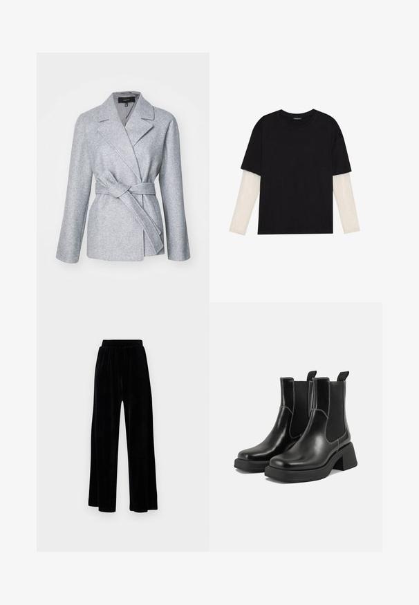 Pilka vilnos mišinio apklijavimo striukė su ilgomis rankovėmis, notch tipo atlapais ir surišamu juosmens diržu. Yra minkštas vidinis pamušalas ir švarios linijos.; Juodas medvilninis marškinėliai su trumpomis rankovėmis, virš baltos ilgo rankovio sluoksnio, turinčio subtilų tekstūrinį raštą. Apvalus iškirpimas.; Juoda plataus kirpimo kelnių pora, pagaminta iš minkštos velveto medžiagos, su elastingu juosmeniu ir glotnia tekstūra, be matomų detalių ar raštų.; Juodos odinės Chelsea botai su storiu kulnu, elastinėmis šoninėmis panelėmis ir kontrastinga balta siūle. Tekstūruota apdaila.