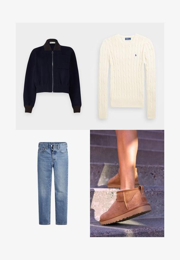 Chaqueta recortada de color navy con cuello y puños acanalados, que cuenta con un cierre frontal y un pequeño bolsillo en el pecho; fabricada con un tejido suave.; Suéter crema de punto trenzado con manga larga, puños y dobladillo acanalados, que presenta un pequeño logo bordado en el lado izquierdo del pecho.; Jeans de mezclilla azul claros con corte recto, diseño de cinco bolsillos y cierre de botón. Presentan un ligero desvanecimiento y acentos de costura en naranja.; Botas de tobillo de ante color beige con una textura suave, detalles de costura y una suela de goma, que cuentan con un tacón en bucle para facilitar su uso.