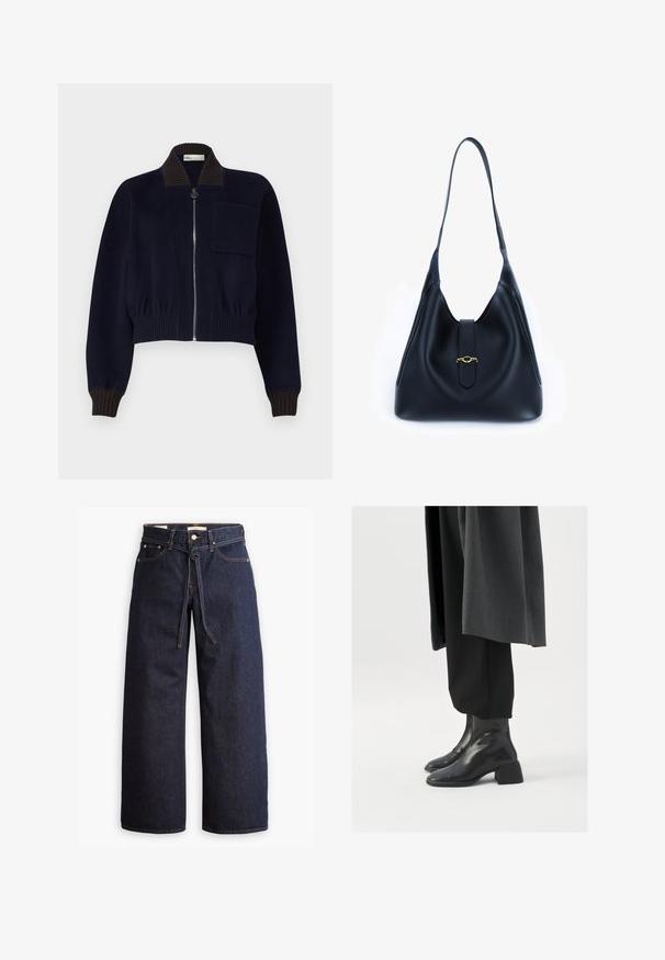 Marineblauwe cropped jack met een gestreepte kraag en manchetten, uitgerust met een ritssluiting aan de voorkant en een klein borstzakje; gemaakt van een zachte stof.; Marineblauwe coltrui met lange mouwen. Gemaakt van zachte stof met een gladde textuur. Heeft een aansluitend ontwerp en een hoge kraag zonder zichtbare naden.; Wijd pijpjes donkerblauwe denim jeans met een hoge taille, voorzien van een trekkoord, vijf zakken en contrasterende stiksels.; Zwarte leren enkellaarzen met een vierkant teen en een chunky hak, gedragen met losse zwarte broek en een donkergrijze jas. Glad oppervlak.; Zwarte leren handtas met een zachte, slordige ontwerp. Voorzien van een platte schouderriem en een centrale sluiting versierd met een gouden accent.