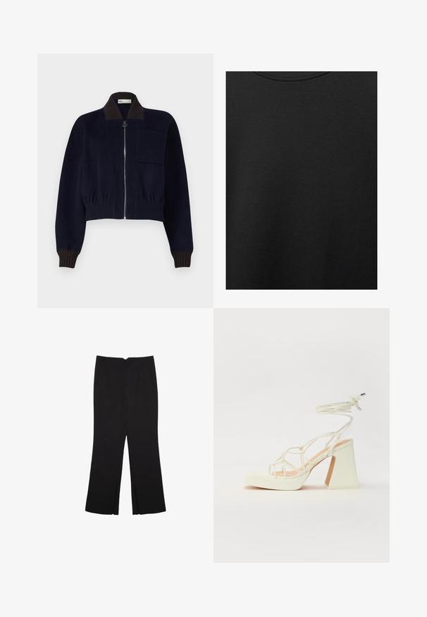 Marineblå cropped jakke med ribbet krave og manchetter, der har en frontlynlås og en lille brystlomme; lavet af et blødt stof.; Sort bomuldsstof med glat struktur og rund halsudskæring, prydet med et subtilt, jævnt kornmønster. Ingen synlige logoer eller accenter.; Sorte bukser med lige pasform, der har frontlommer og slidser i kanten. Lavet af blødt, glat stof. Velegnet til forskellige anledninger.; Hvide højhælede sandaler med en kraftig hæl, der har et stropdesign og ankelbinding. Glat tekstur med en platform foran for ekstra højde.