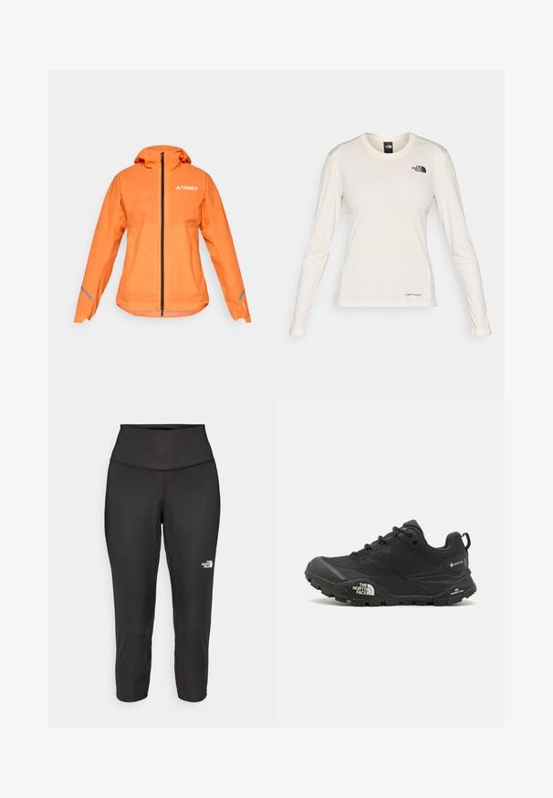 Giacca impermeabile Terrex, arancione brillante, tessuto leggero, chiusura a zip full, cappuccio, dettagli riflettenti sulle maniche, texture liscia.; The North Face SHADOW LONG SLEEVE - Maglietta a manica lunga - white dune; Leggings capri neri realizzati in tessuto elastico, dotati di un alto punto vita e un piccolo logo bianco sul lato sinistro. Texture liscia.; Scarpa da trekking nera con una tomaia texturizzata, chiusura con lacci e una suola di gomma spessa che presenta un logo prominente sul lato e disegni del battistrada.