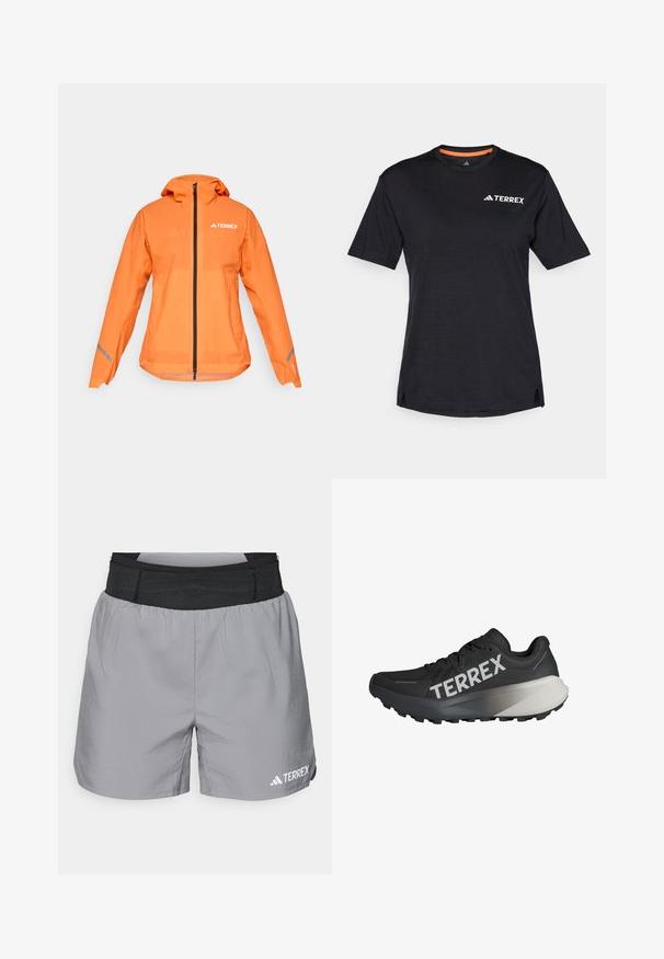 Terrex waterdichte jas, fel oranje, lichtgewicht stof, volle rits, capuchon, reflecterende accenten op de mouwen, soepele textuur.; Zwarte T-shirt met korte mouwen en ronde hals, met een subtiele heatherstructuur en een wit "TERREX" logo aan de bovenlinkerkant.; Grijze sportshorts met een elastische zwarte tailleband, lichtgewicht materiaal, een relaxte pasvorm en een witte logo-accent aan de onderzijde rechts.; Zwarte hardloopschoen met een gestructureerde bovenkant, prominente "TERREX" logo in het wit, taps toelopend zoolontwerp en een gradiënt grijze accent op de hiel.