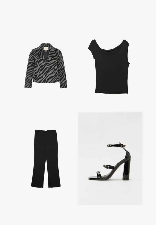 Kaffe Curve TORI - Kort kappa / rock - black grey animal; Svart kortärmad topp i slät tyg; har en draperad halsringning och asymmetrisk nederkant, med en figursydd kropp.; Svarta byxor med rak passform, utrustade med framfickor och sidoklyvningar vid fållen. Tillverkade av mjukt, slätt tyg. Lämpliga för olika tillfällen.; Svarta lackerade klacksandaler med fyrkantig tå, ankelremmar och silverfärgade spännen. Har en kraftig blockklack för stabilitet.