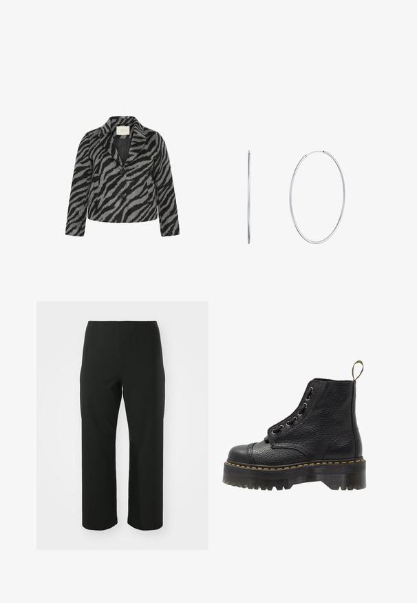 Kaffe Curve TORI - Cappotto corto - black grey animal; Top nero con maniche lunghe in pizzo, caratterizzato da un corpo interamente nero e dettagli in pizzo floreale. Collo tondo con texture liscia.; Vero Moda Curve VMCAUGUSTA PANT - Pantaloni - black; Stivale alla caviglia in pelle nera con superficie testurizzata, punta tonda, design con lacci, cuciture gialle e una suola piatta nera spessa e scanalata.; Orecchini a cerchio in metallo argentato, di forma ovale, design sottile, leggeri, con una texture liscia e una chiusura sicura per un facile utilizzo.