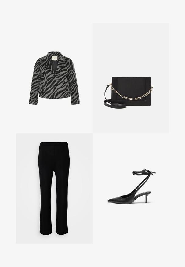 Kaffe Curve TORI - Palton scurt - black grey animal; Două topuri fără mâneci, în culorile negru și alb. Fabricate dintr-un material moale și elastic, cu o textură ribbată și un design ajustat. Prezintă bretele înguste.; Pantaloni negri lungi până la glezne, cu o textură netedă și talie elastică. Design simplu, fără cusături vizibile sau buzunare.; Pantof de stiletto din piele neagră, cu vârf ascuțit, spate deschis și curele pentru gleznă legate în fundă. Toc subțire de 3 inci. Textură netedă, design minimalist.; Geantă de umăr din piele neagră, cu o textură netedă, formă rectangulară și un detaliu din lanț metalic în față. Include curea reglabilă.
