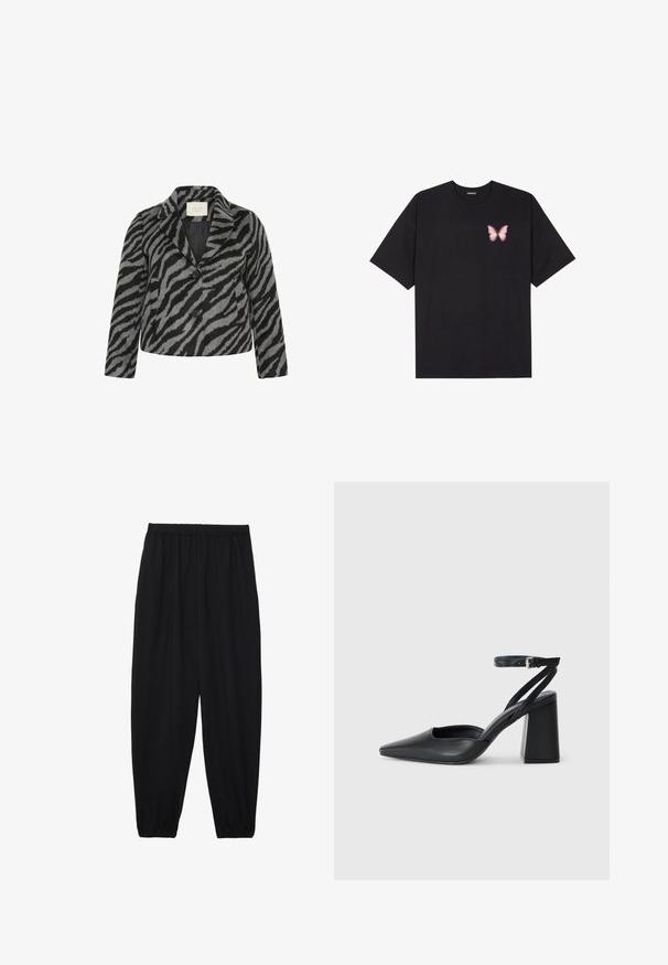 Kaffe Curve TORI szary; Czarny bawełniany t-shirt z krótkim rękawem, z małym różowym motylkiem na lewej piersi. Klasyczny dekolt z luźnym fasonem.; Czarne, lekkie spodnie z elastycznym pasem i ściągaczami na kostkach. Materiał jest gładki i ma luźny, zwężany krój.; Czarne skórzane czółenka z ostrym noskiem, z paskiem na kostce i grubym obcasem. Gładka faktura, elegancki design i minimalistyczna estetyka.