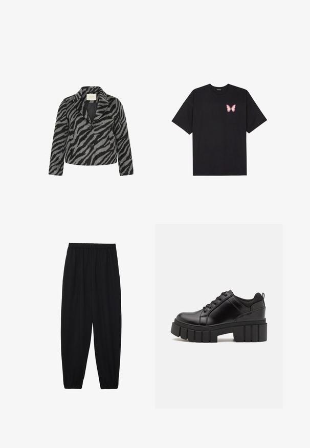 Kaffe Curve TORI - Kratki kaputi - black grey animal; Crna pamučna majica s kratkim rukavima, s malim grafičkim prikazom ružičaste vjetricaste s desne strane na prsima. Dizajn s okruglim izrezom i opuštenim krojem.; Crne, lagane hlače s elastičnom stražnjom pasicom i naboranim gležnjevima. Tkanina je glatka i ima opušteni, suženi dizajn.; Crne kožne platforme s debelim blok-peta, okruglim prstima i klasičnim dizajnom vezanja. Imaju gladak tekstur i minimalne detalje.