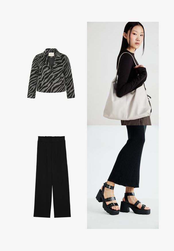 Kaffe Curve TORI - Rövid kabát - black grey animal; Fekete bordás crop tank top kerek nyakkivágással és ujjtalan dizájnnal. Puha, rugalmas anyagból készült, tiszta, lekerekített szélű részletekkel.; Fekete, bőszárú nadrág fodros derékrésszel, két oldalsó zsebbel és sima, könnyű anyagból. Nincsenek látható minták vagy fémalkatrészek.; Fekete platform szandálok vastag, barázdált talppal és több pánttal, fém csatokkal, sima bőrhatású textúrával.; Puha anyagból készült bézs kézitáska, laza dizájnnal, varrott részletekkel és két vállpánttal. Mindennapi használatra alkalmas.