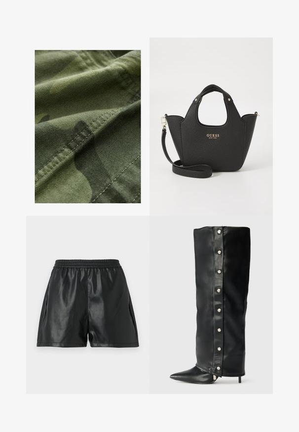 Tissu camouflage vert avec une finition texturée, présentant de subtiles variations de motif et des coutures visibles le long des bords.; Pull en tricot blanc avec des manches longues, un col rond et un ourlet côtelé. Il comporte un petit logo de la marque sur la poitrine.; Shorts en simili cuir noir avec une taille élastiquée, présentant une texture lisse et un design ample. Pas de motifs ou d'accents visibles.; Bottes noires en cuir à talons hauts présentant un design ajusté, un bout pointu et des accents de boutons-pression en argent le long du côté.; Sac à main noir texturé avec de courtes anses et une bandoulière amovible. Présente un accent de logo doré. Forme compacte et structurée.