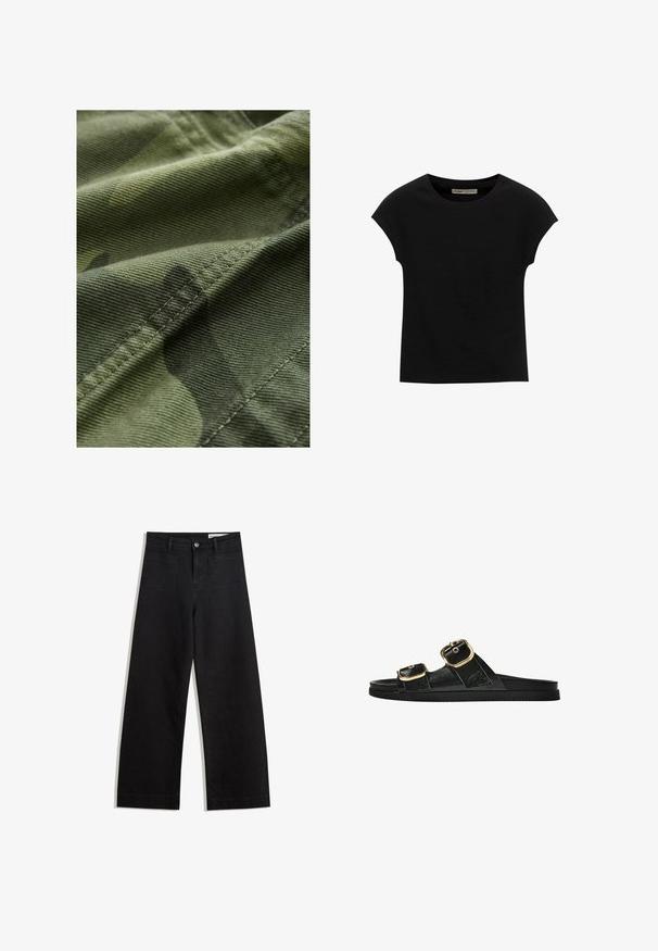 Tessuto mimetico verde con una finitura testurizzata, caratterizzato da sottili variazioni di pattern e cuciture visibili lungo i bordi.; T-shirt nera a maniche corte realizzata in tessuto morbido, con scollatura rotonda e vestibilità comoda, caratterizzata da una texture liscia e senza pattern.; Pantaloni in denim neri a gamba larga con vita alta, dotati di tasche anteriori e posteriori, cuciture a punto, e chiusura con bottone. Texture liscia.; Infradito neri con due accenti di fibbia dorata, materiale dalla texture liscia, suola piatta e design minimalista.