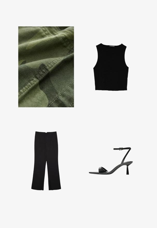 Groen camouflage-stof met een gestructureerde afwerking, met subtiele patroonvariaties en zichtbare stiksels langs de randen.; Zwarte mouwloze crop top van soepel materiaal, met een ronde hals en een schone, eenvoudige uitstraling zonder patronen of hardware.; Zwarte broek met een rechte pasvorm, voorzien van zijzakken en plooien aan de onderzijde. Gemaakt van zachte, gladde stof. Geschikt voor verschillende gelegenheden.; Bershka Sandalen met hoge hak - black