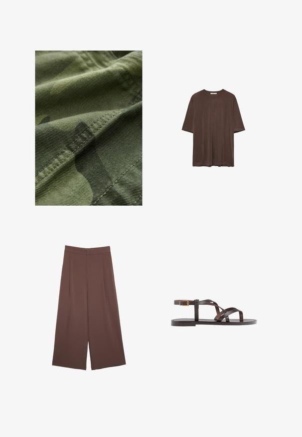 Zelená maskáčová tkanina s textúrovaným povrchom, obsahujúca jemné variácie vzoru a viditeľné stehy pozdĺž okrajov.; Hnedé tričko s krátkym rukávom vyrobené z mäkkej textílie, s okrúhlym výstrihom a uvoľneným strihom. Hladká štruktúra bez vzorov alebo akcentov.; Hnedé nohavice so širokými nohavicami a hladkou textúrou, s vysokým pásom a prednými skladmi. Tkanina je ľahká a voľne sa pohybuje.; Hnedé kožené sandály s krížovými popruhmi, uzatváraním na pracku okolo členku a plochou podrážkou s minimálnymi ševmi.