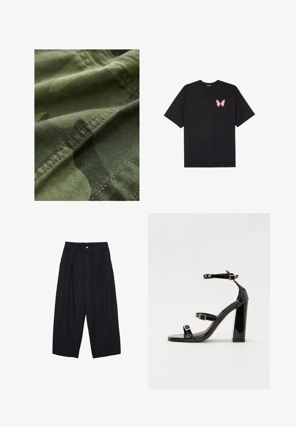 Zelená maskáčová tkanina s textúrovaným povrchom, obsahujúca jemné variácie vzoru a viditeľné stehy pozdĺž okrajov.; Čierne bavlnené tričko s krátkymi rukávmi, s malým ružovým motýlikom na ľavej hrudi. Design s okrúhlym výstrihom a uvoľneným strihom.; Čierne polyesterové culotte nohavice s elastickým pásom, dvoma prednými záhybmi a voľným strihom. Žiadne viditeľné vzory ani detaily z kovu.; Čierne lakované sandále na podpätku so štvorcovou špičkou, navlečenými remienkami okolo členku a striebornými prackami. Disponujú masívnym blokovým podpätkom pre stabilitu.