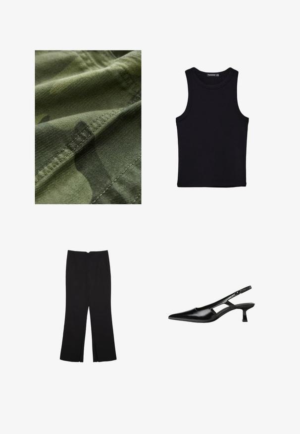 Grüner Camouflage-Stoff mit strukturierter Oberfläche, der subtile Musterabweichungen und sichtbare Nähte entlang der Kanten aufweist.; Schwarzes Tanktop aus Baumwolle mit rundem Halsausschnitt und weiten Armöffnungen. Glatte Textur mit genähten Säumen. Klassisches, minimalistisches Design.; Schwarze Hose mit geradem Schnitt, ausgestattet mit Fronttaschen und Seitenschlitzen am Saum. Hergestellt aus weichem, glattem Stoff. Geeignet für verschiedene Anlässe.; Schwarze Lackleder-Slingback-High Heels mit spitzer Zehenform, ausgeschnittenem Seitendesign und kleinem Blockabsatz. Glatte Textur mit minimalen Akzenten.